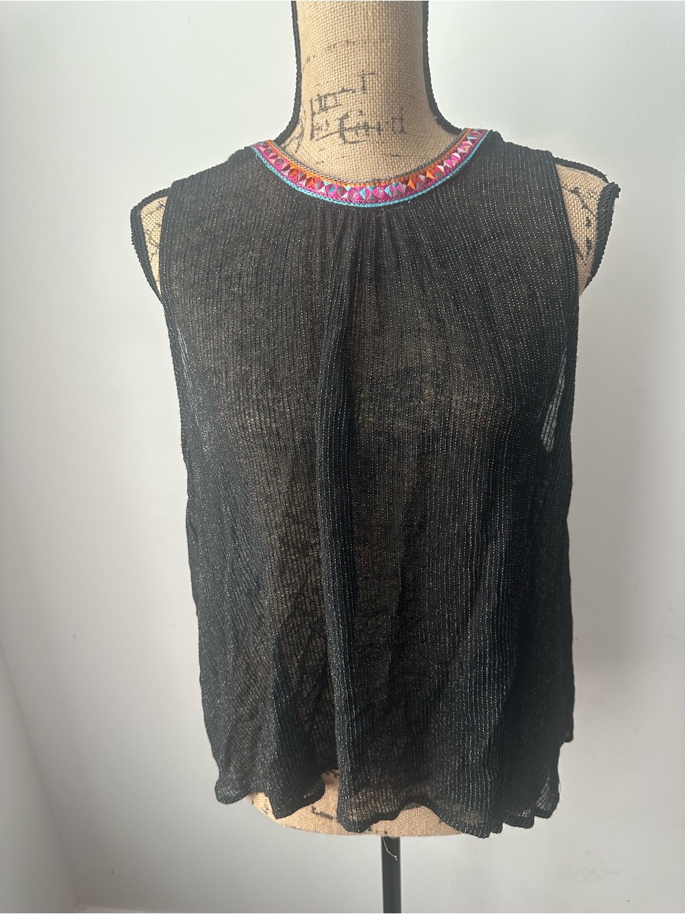 Eri & Ali Sheer Open Back Black Sleeveless Beaded-Neck Tank Top